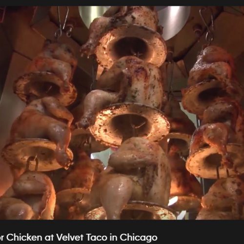 Backdoor chicken on the rotisserie at Velvet Taco Chicago
